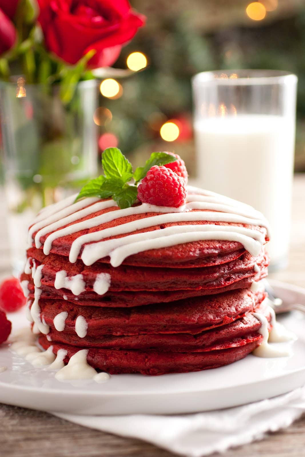 Easy Red Velvet Pancakes with Cream Cheese Glaze